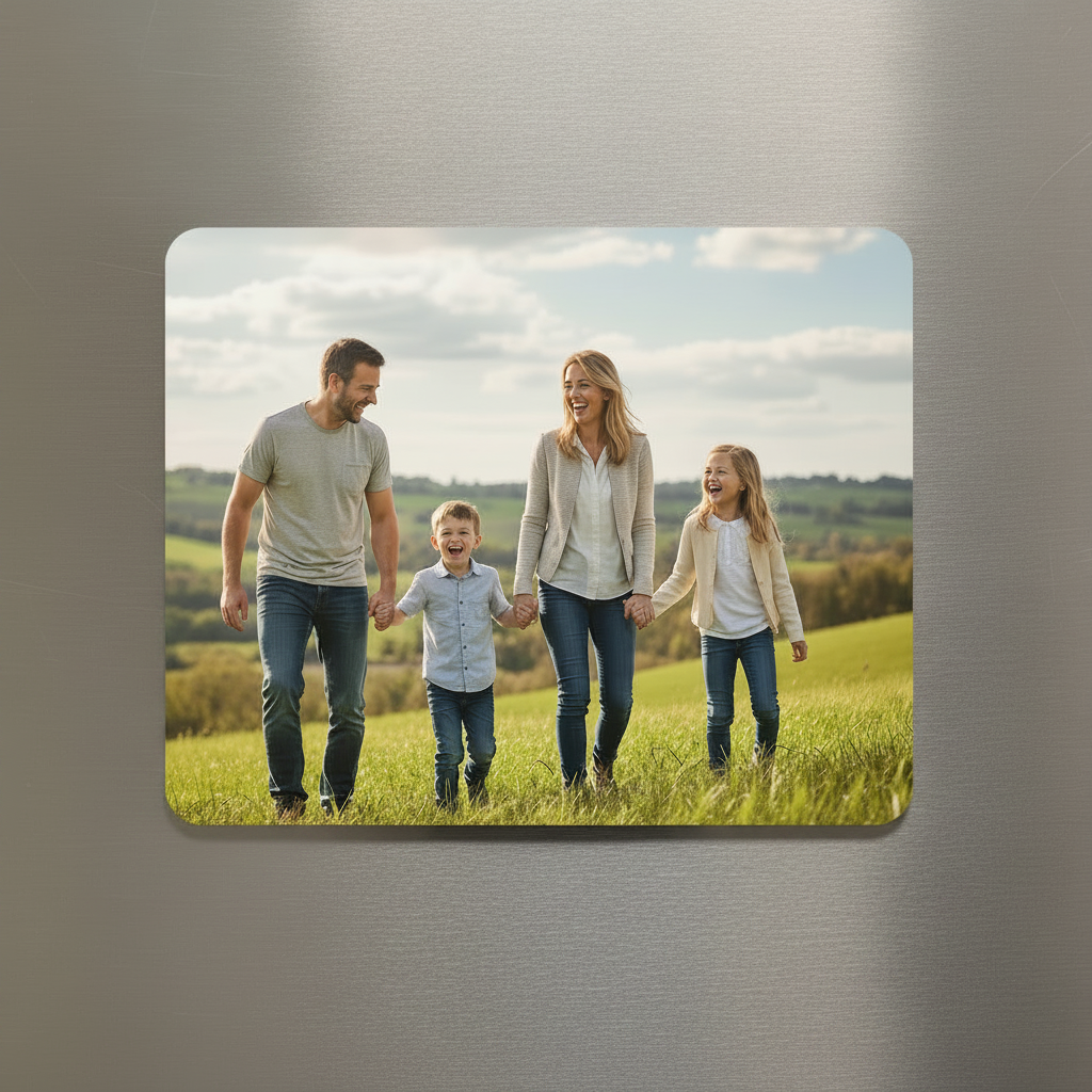 Borderless family magnet on fridge